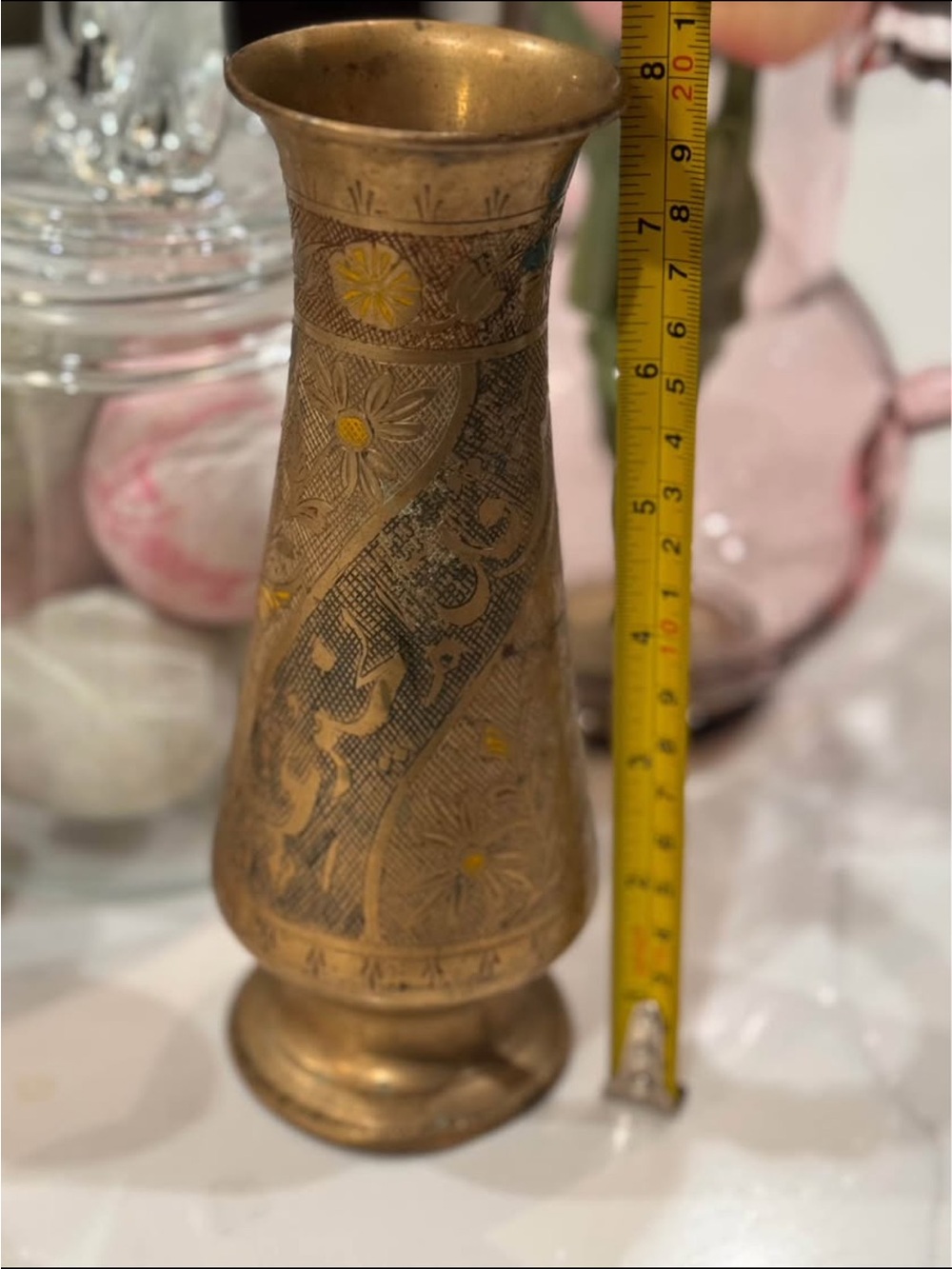 Vintage VTG Solid Brass Floral Inlay 8" Flower Vase -Ivan Palace New Delhi India - Picture 10 of 11